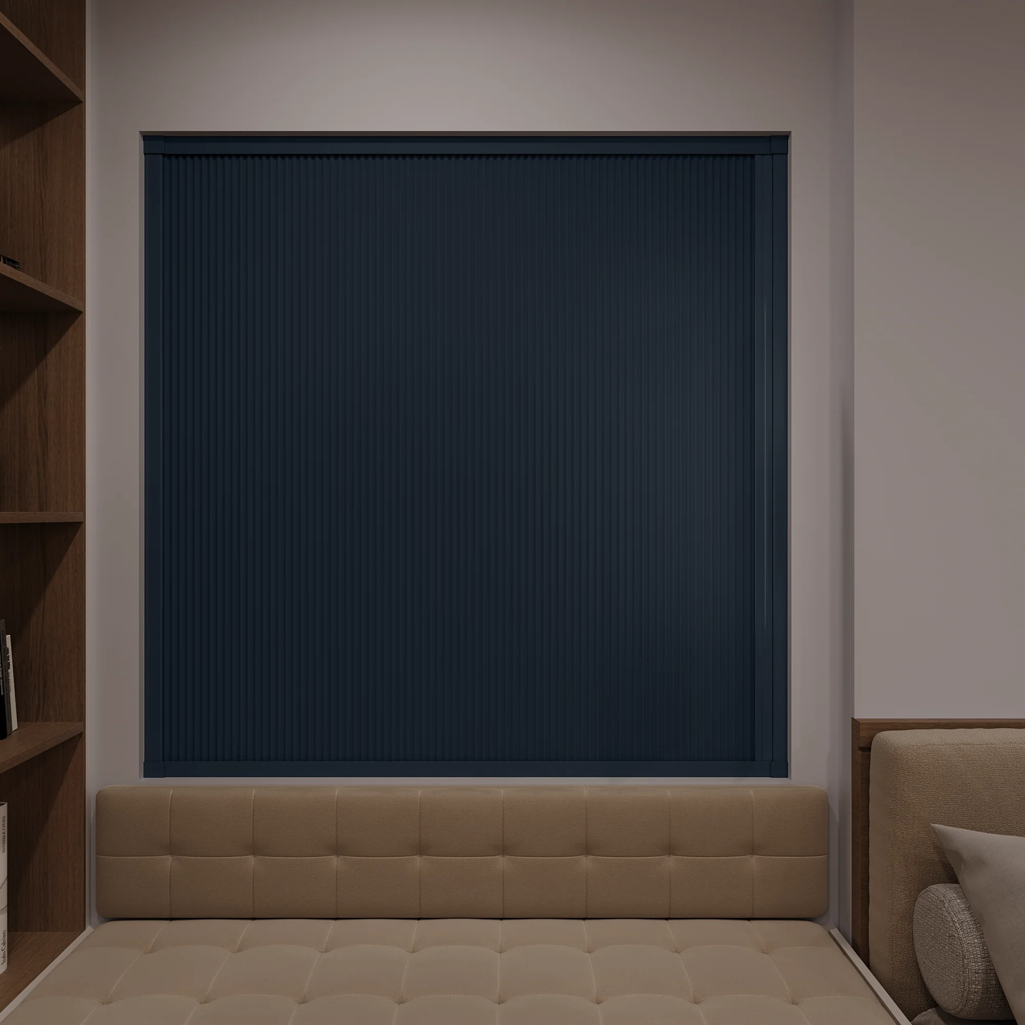 Blackout blind fully covering a bedroom window